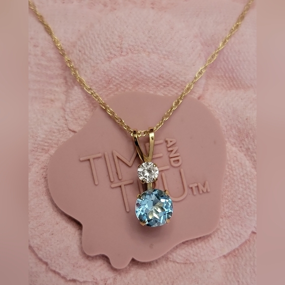 14K Solid Yellow Gold Blue Topaz w/ CZ Accent Necklace